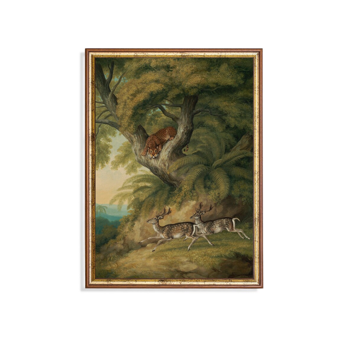 Leopard In Tree Watching Spotted Deer Fleeing Jungle Painting Poster