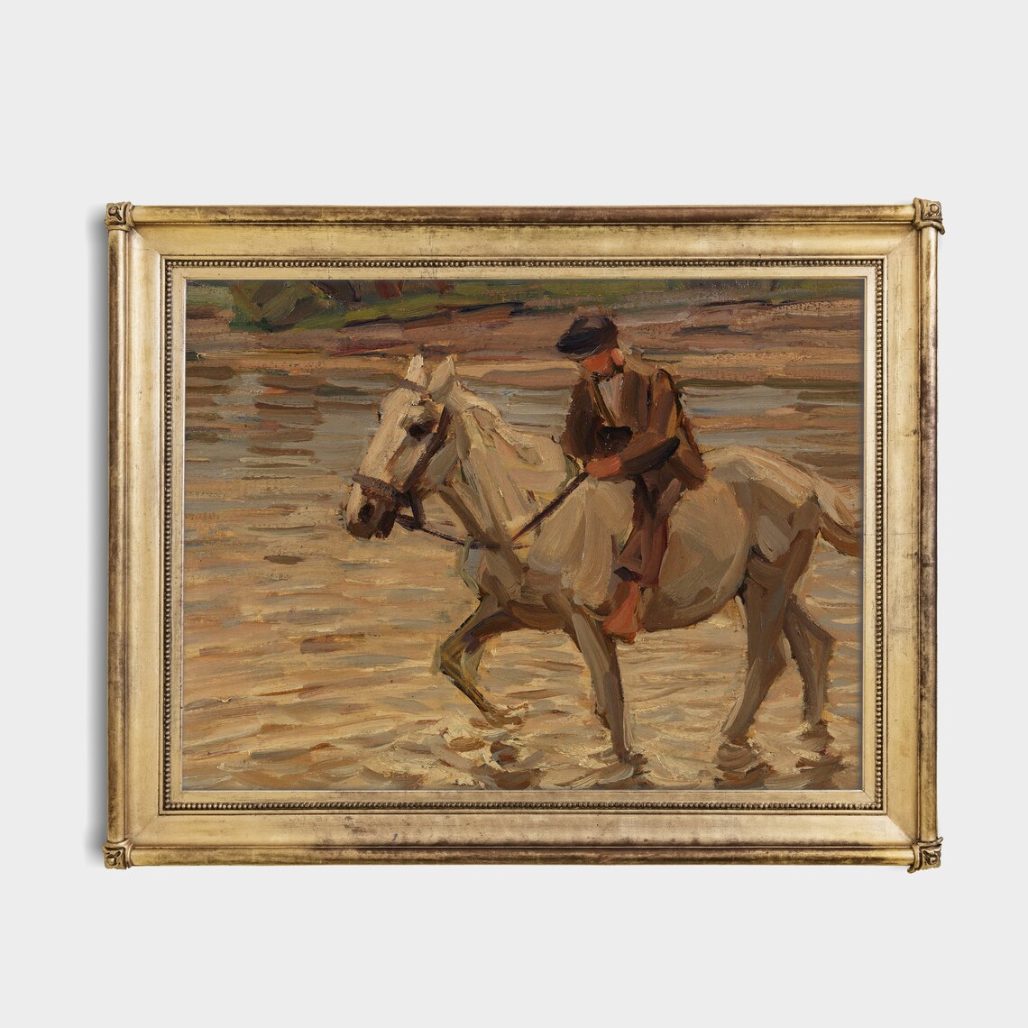 Rider on a White Horse Crossing a Shallow River Impressionist Poster - Image 2