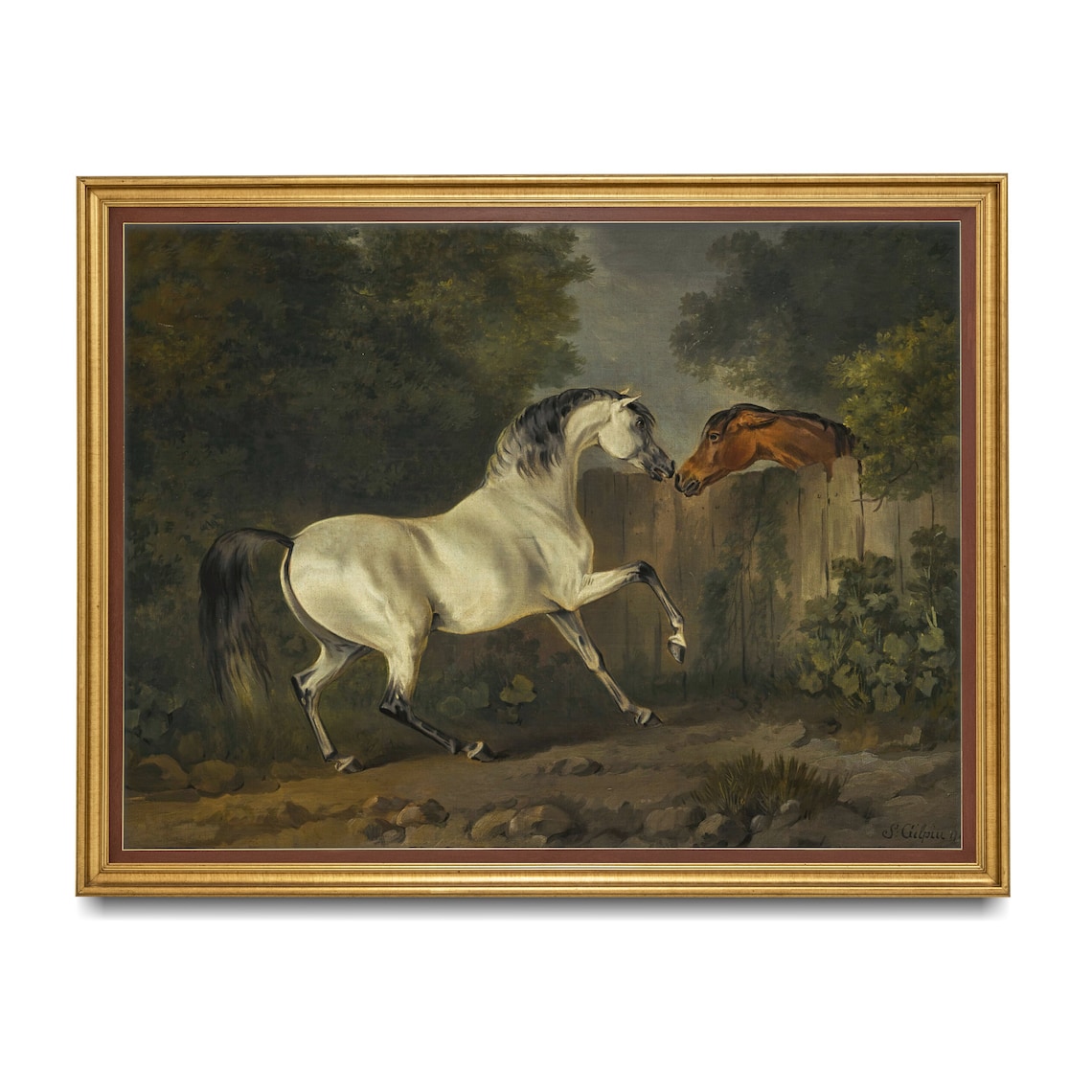 White Stallion Greeting a Bay Horse at the Fence Equestrian Poster - Image 2