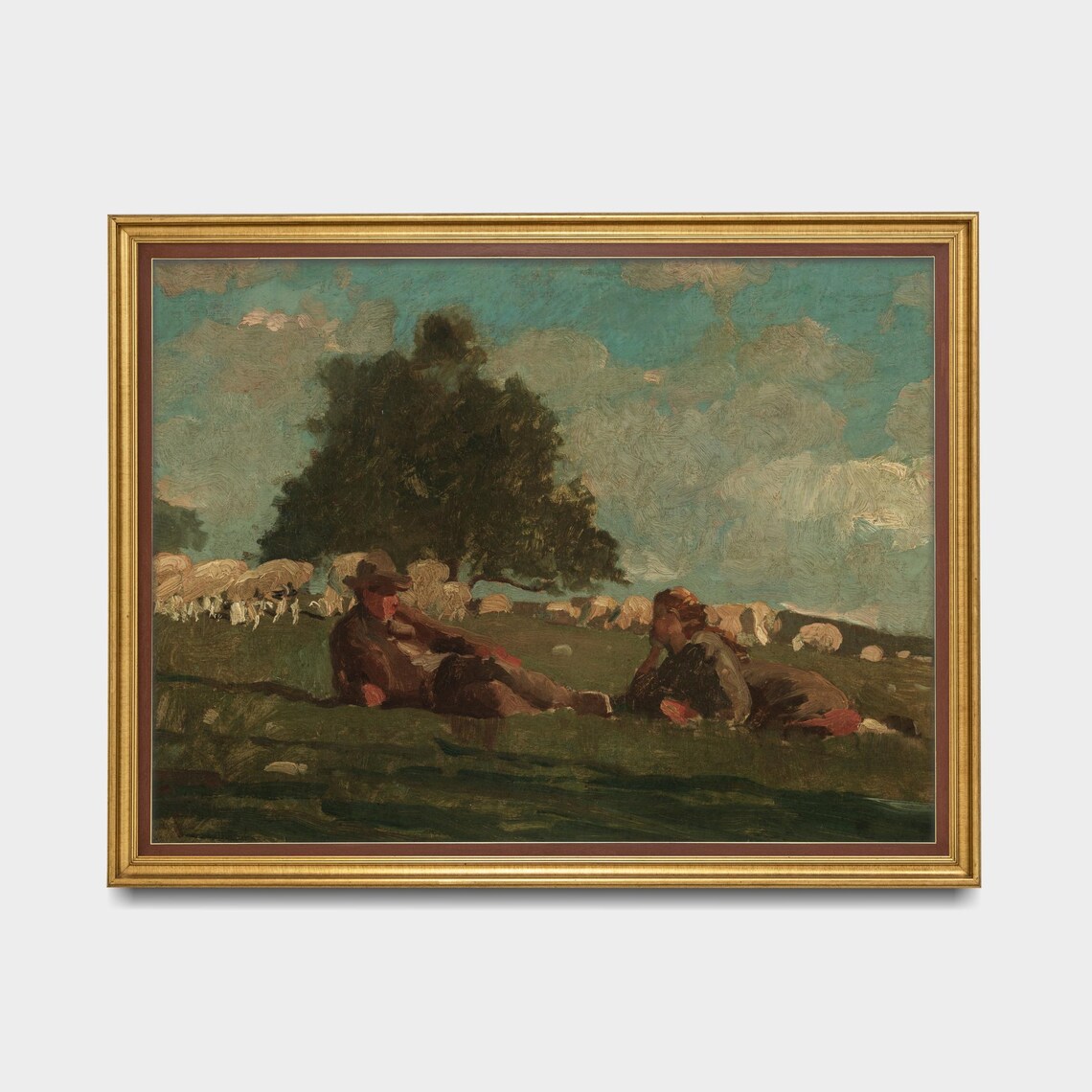 Boy and Girl Resting With Their Sheep in a Green Pasture Poster - Image 5