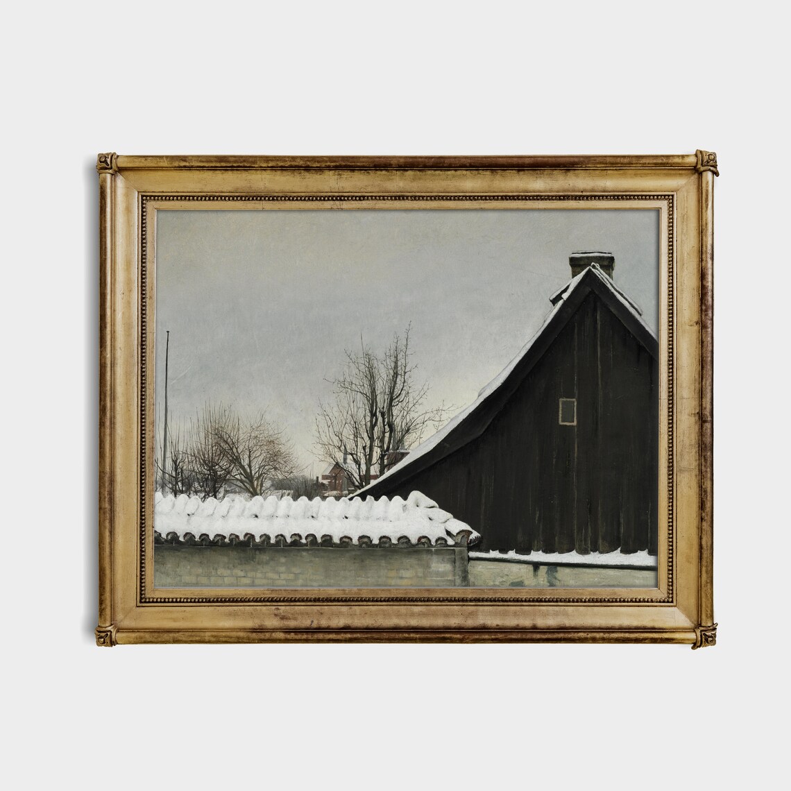 Dark Barn in Winter Snow Nordic Countryside Vintage Painting Poster - Image 4