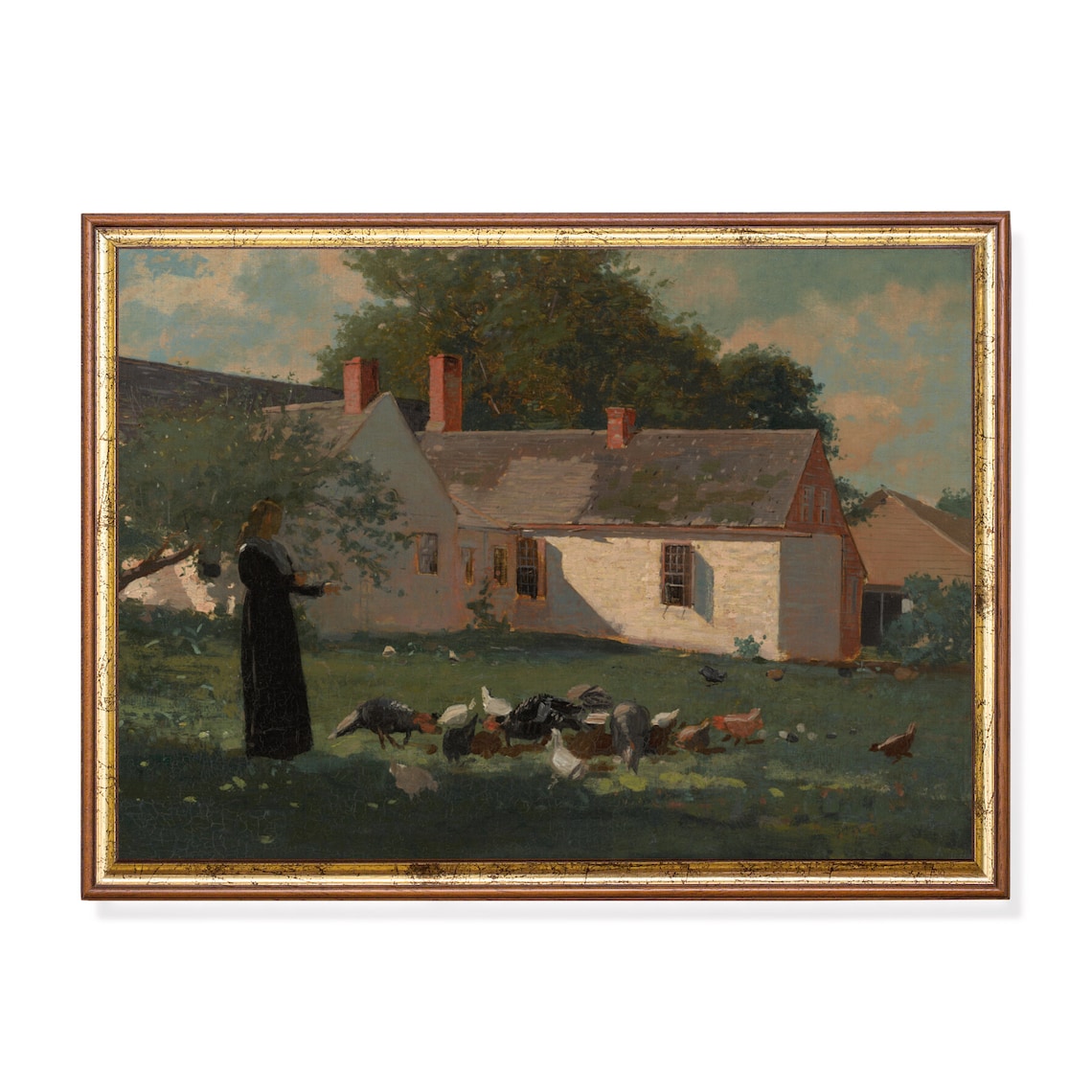 Antique Farmyard Scene with Woman Feeding Chickens Oil Painting Poster