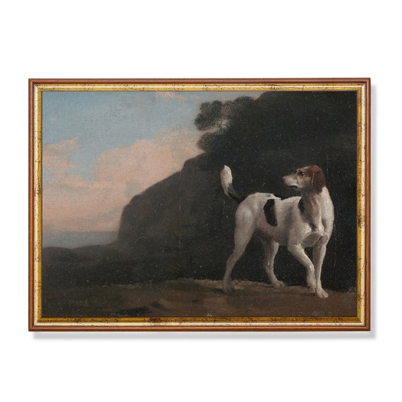 Vintage Dog Painting Antique Animal Print Moody Rustic Art Farmhouse Decor Foxhound Painting Wall Art