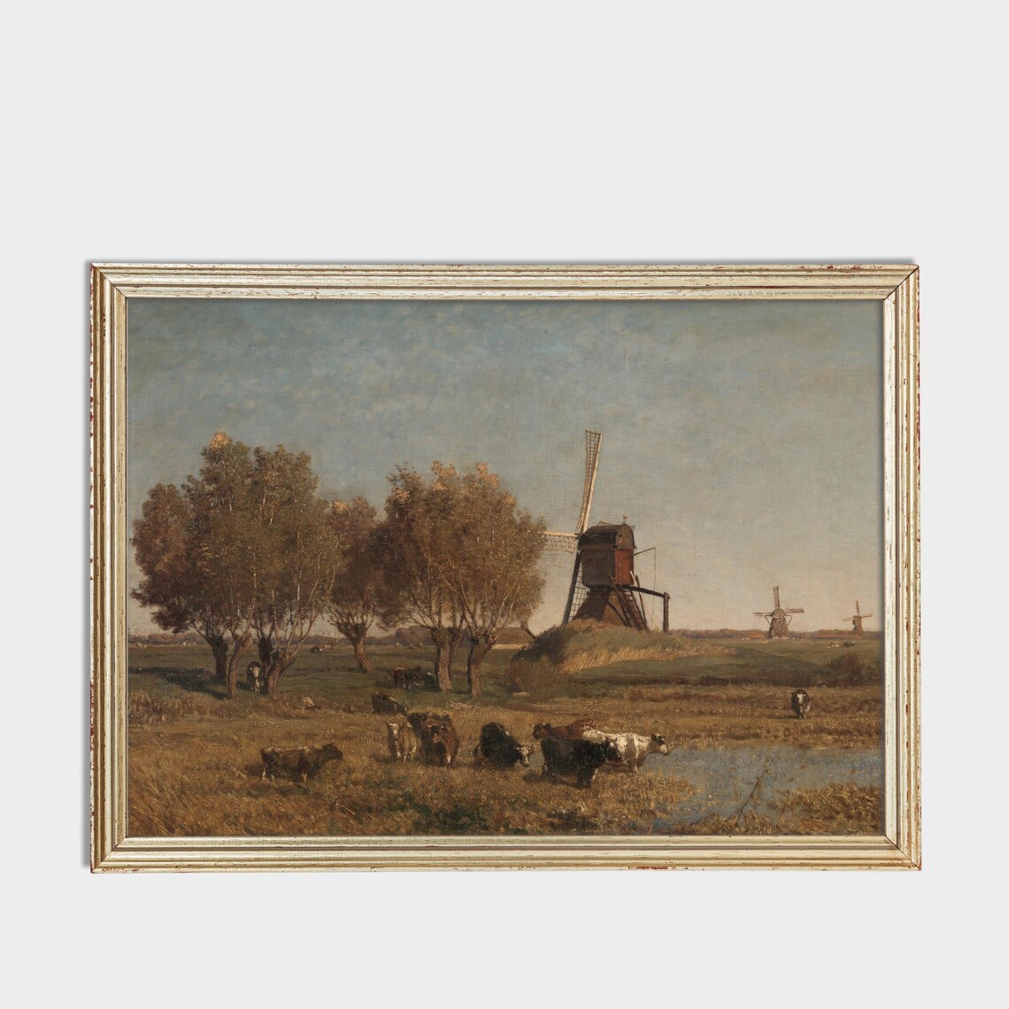 Dutch Windmills with Grazing Cattle in Polder Painting Poster - Image 3