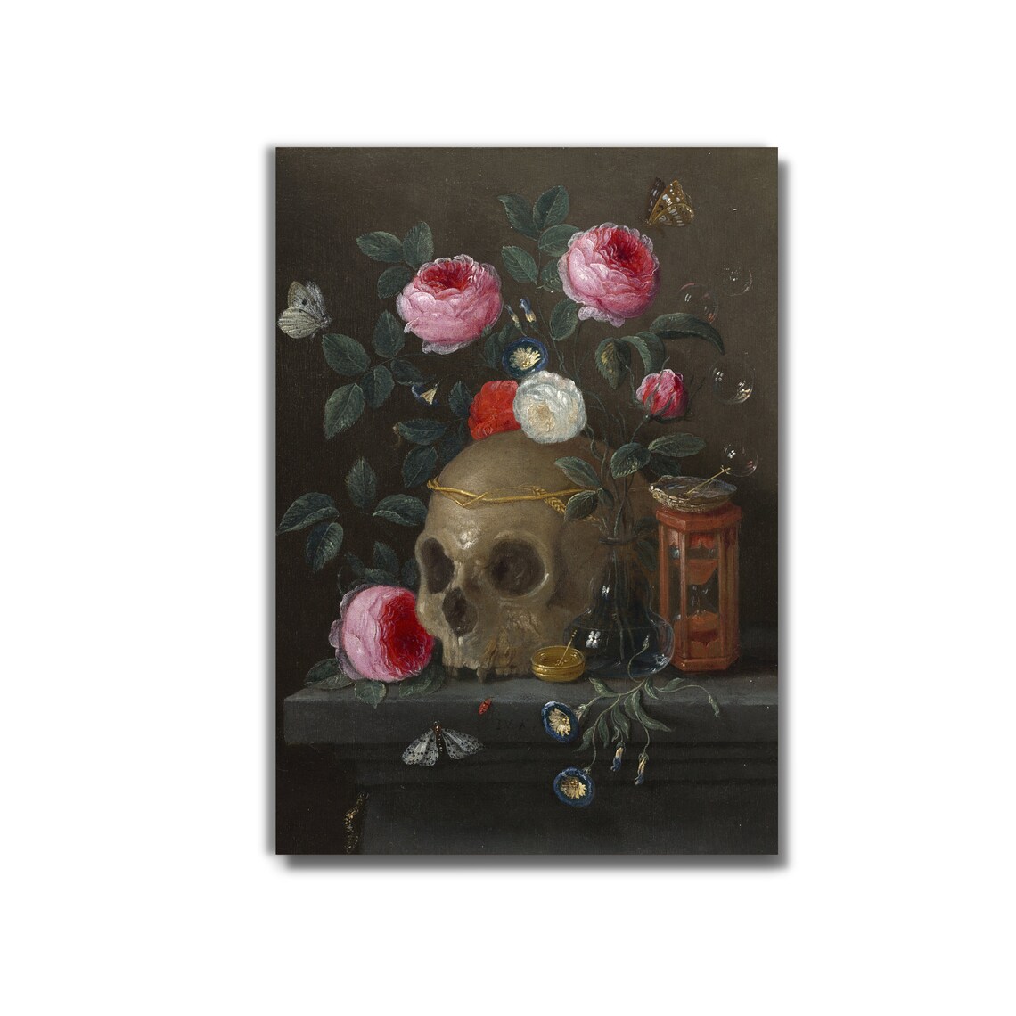 Vanitas Still Life with Skull Pink Roses and Hourglass Poster - Image 3