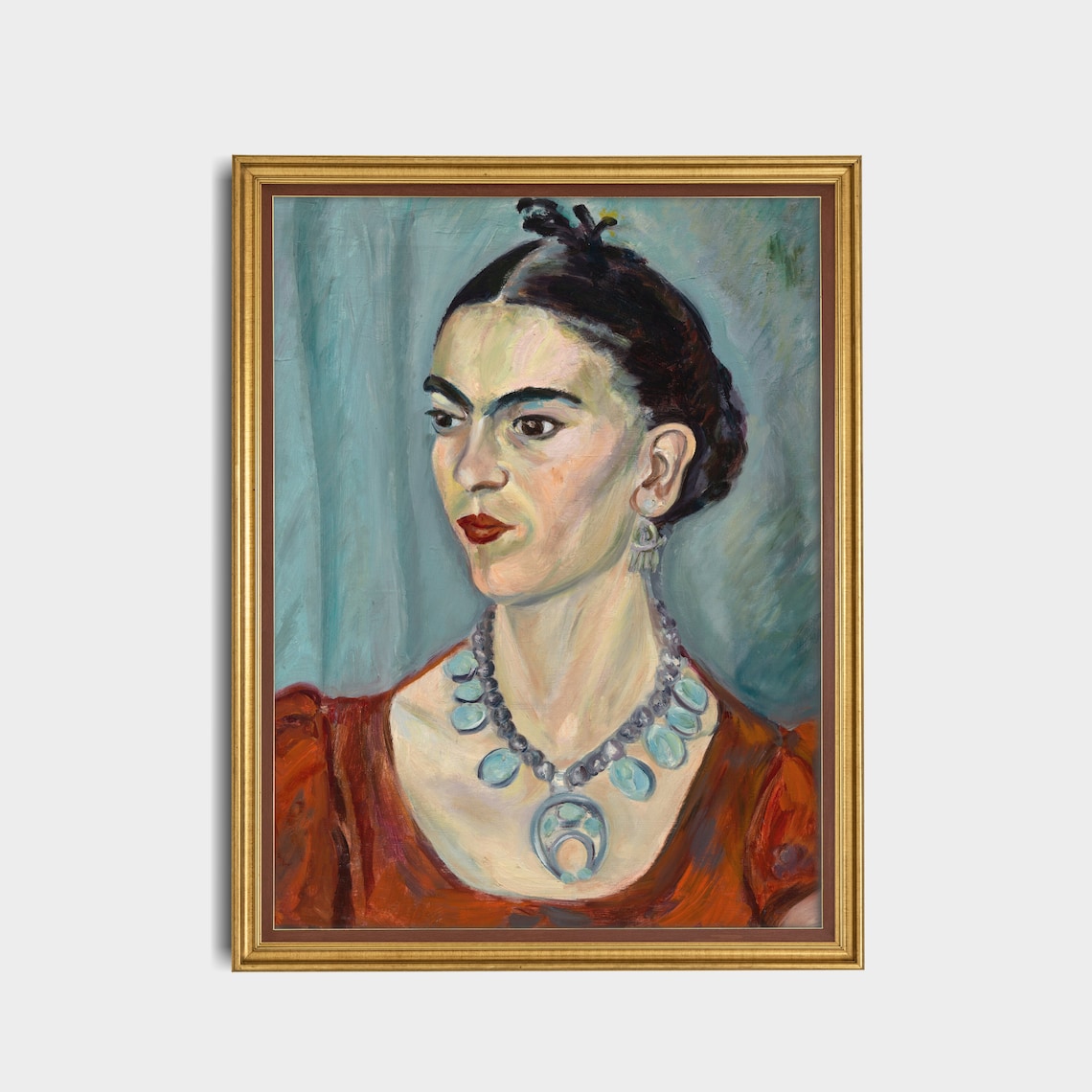 Striking Woman In Red Dress With Turquoise Necklace Vintage Portrait Poster - Image 3