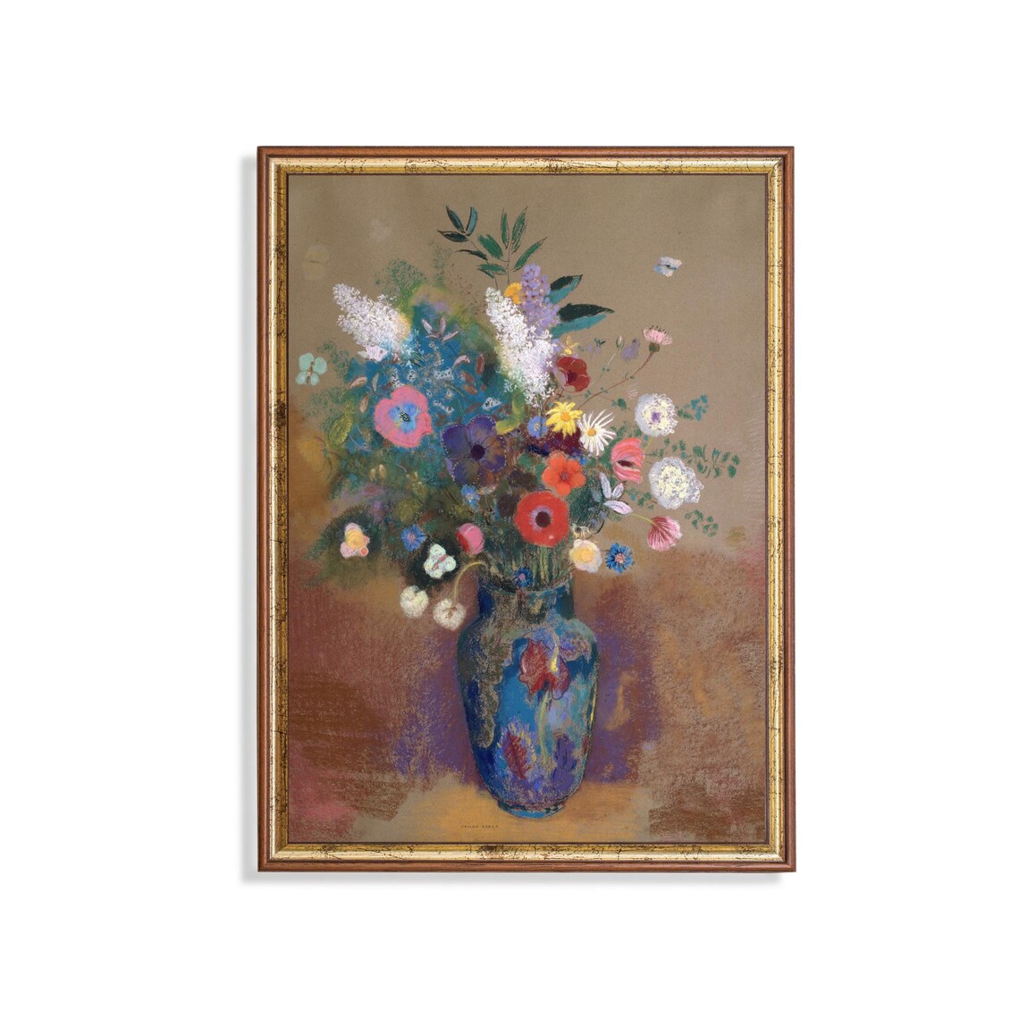 Odilon Redon Style Bouquet In A Blue Vase Vintage Floral Poster