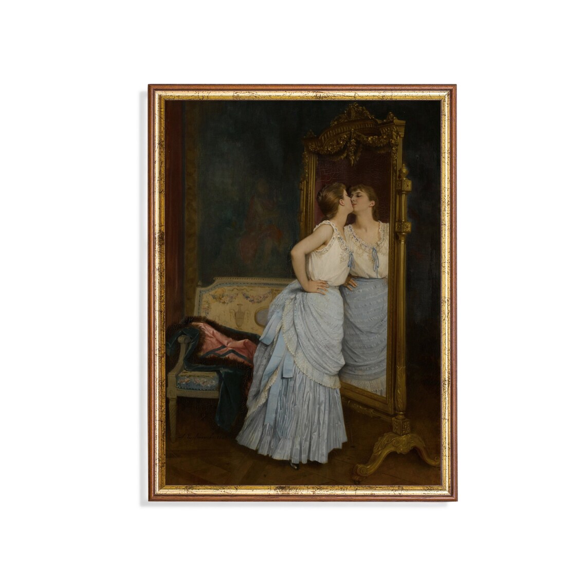 Woman Kissing Her Own Reflection in an Ornate Victorian Mirror Poster
