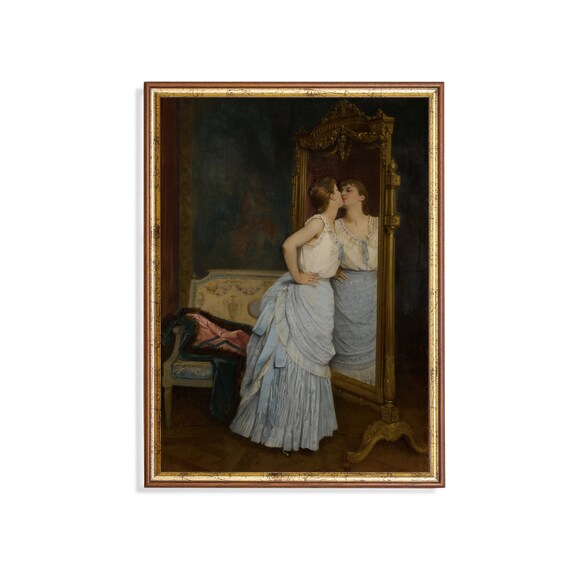 Woman Kissing Her Own Reflection in an Ornate Victorian Mirror Poster
