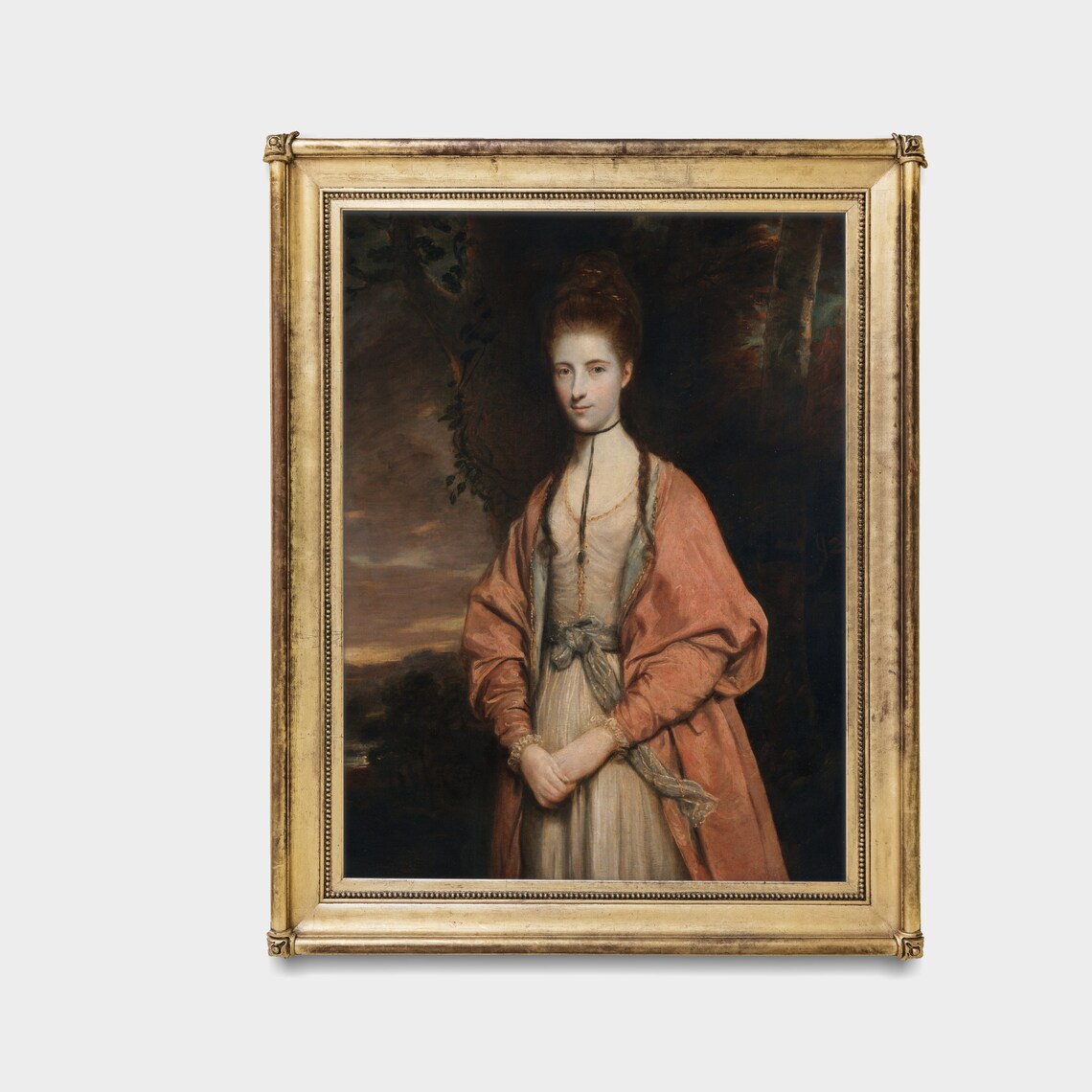 Young Woman in White Dress Coral Shawl at Dusk Classic Portrait Poster - Image 3