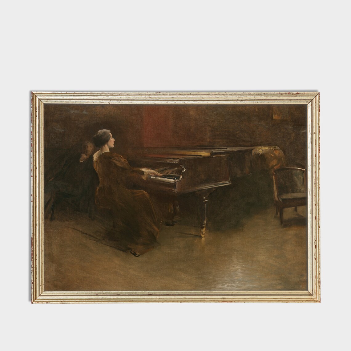 Woman Playing Piano in Dark Moody Antique Interior Painting Print - Image 3