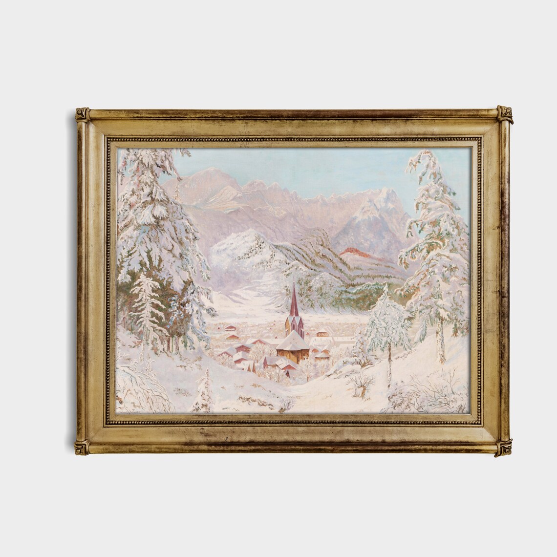 Snowy Alpine Village with a Church Steeple Winter Scene Poster - Image 2