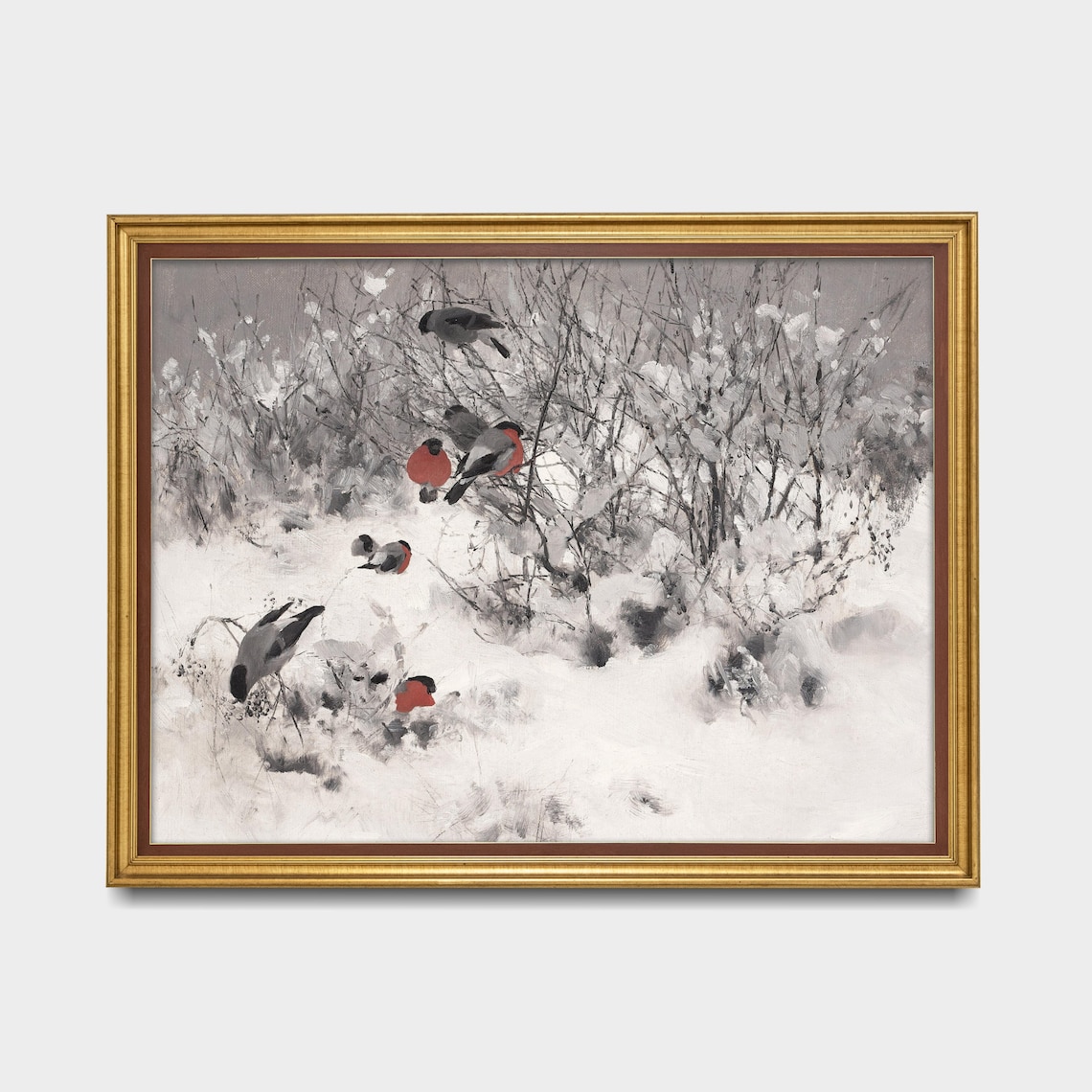 Bullfinches in Snow Winter Birds Vintage Wildlife Painting Poster - Image 3
