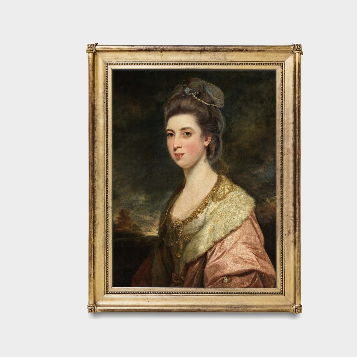 Elegant Lady in Rose Gown Fur Stole Vintage Portrait Oil Painting Poster - Image 3