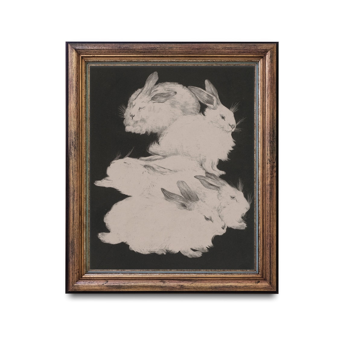 Snowy White Rabbits Huddled Together on a Black Background Poster - Image 4