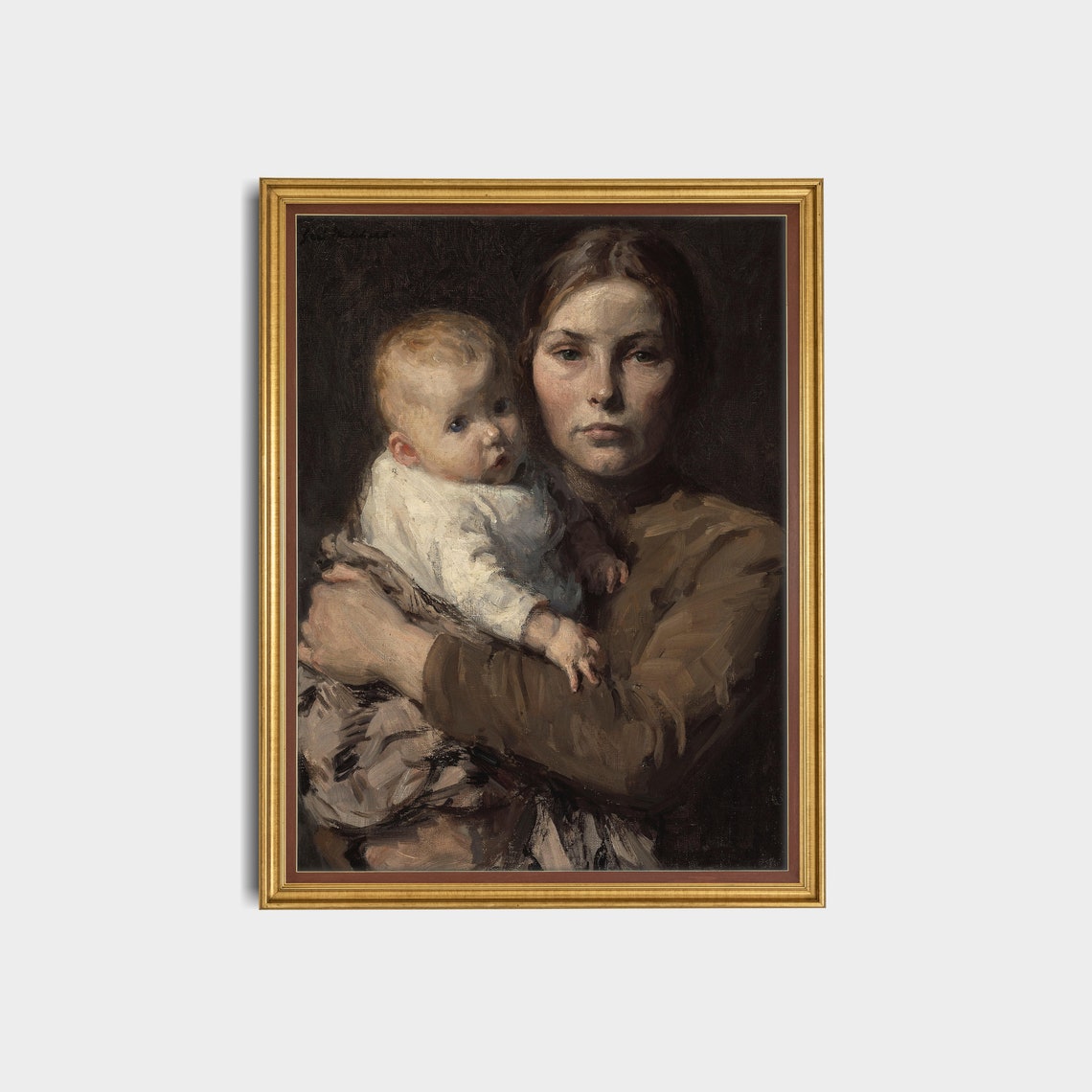 Mother Holding Her Child Moody Antique Portrait Painting Poster - Image 3