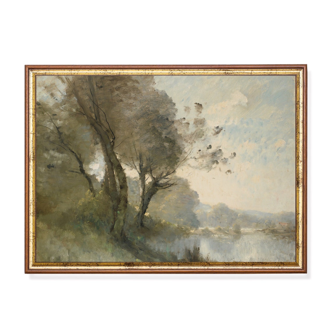 Misty Riverside Trees in Soft Gray and Green Vintage Landscape Poster