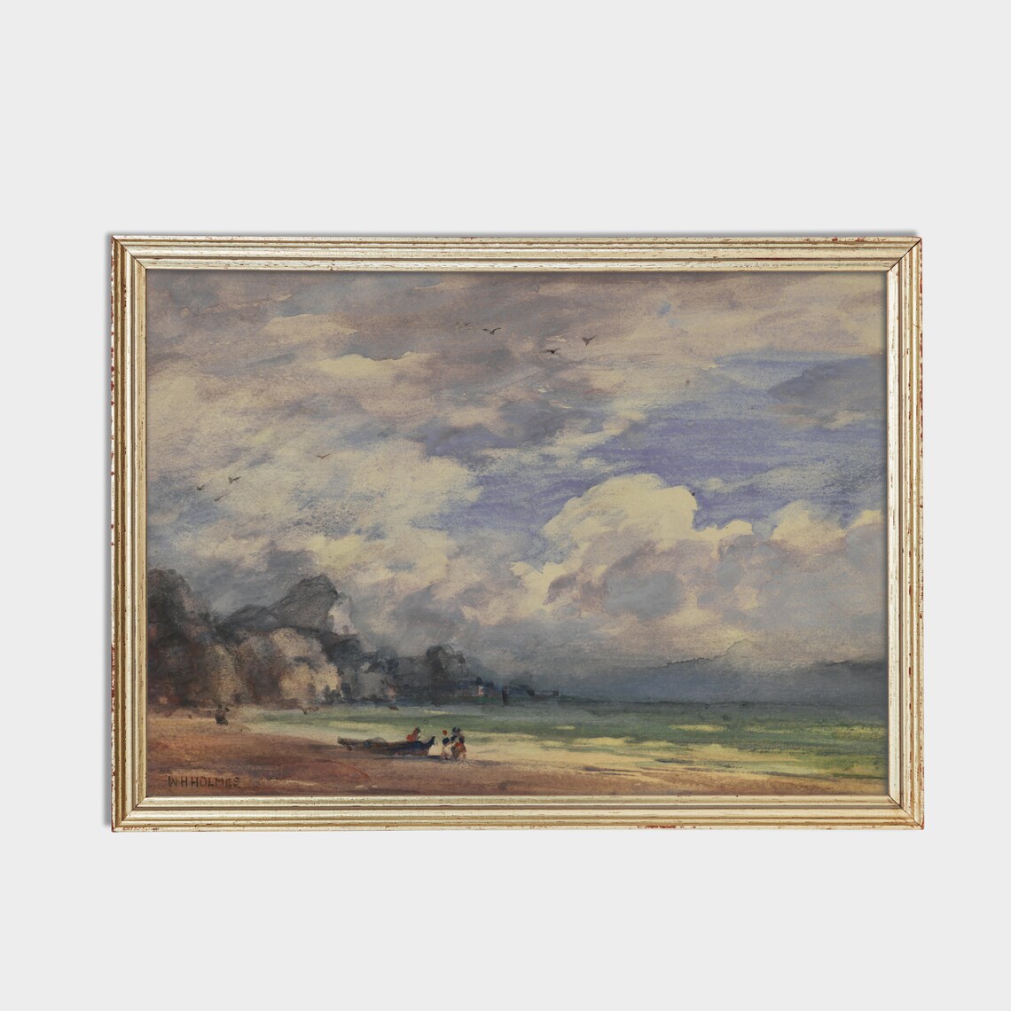 Stormy Beach Watercolor Seascape with Sailors and Boats Poster - Image 2