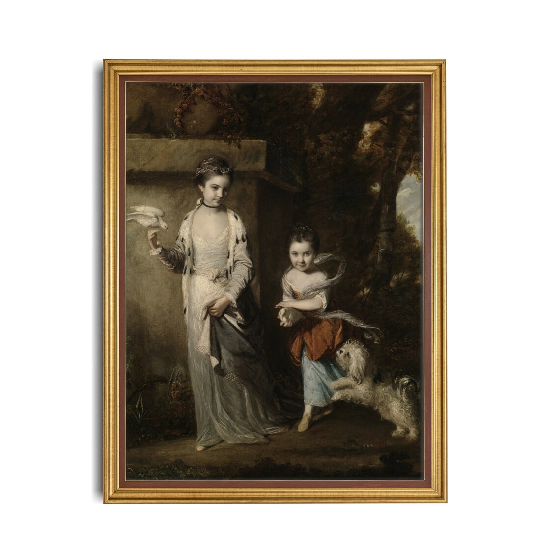 Two Girls with Dove and Little Dog Vintage Children Portrait Poster - Image 2