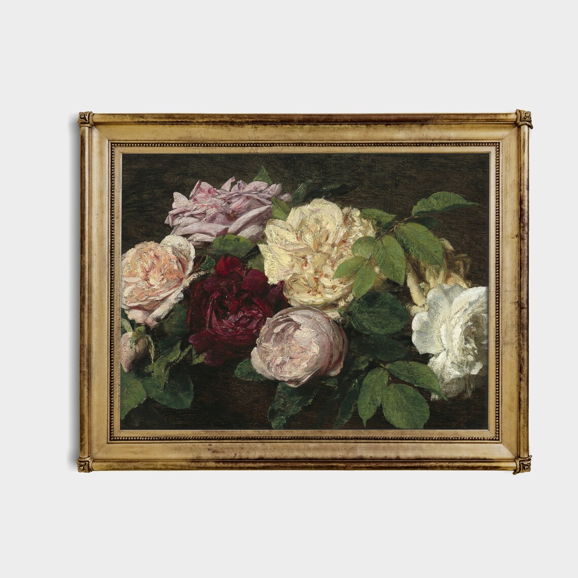 Bouquet of Cream Blush and Burgundy Roses Vintage Painting Poster - Image 4