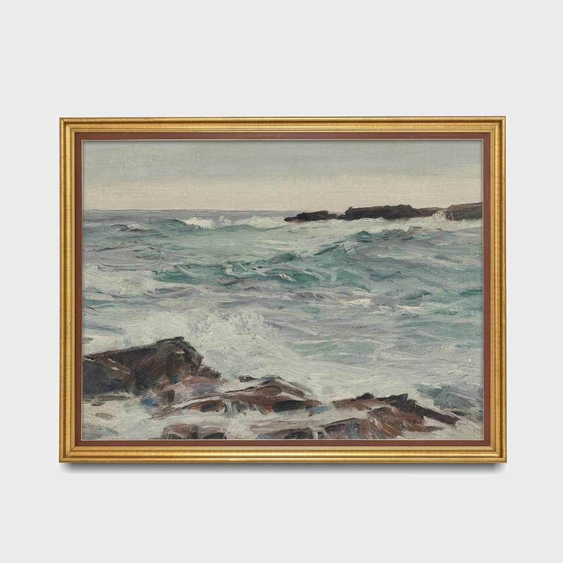 Waves Breaking on a Rocky Coastline Impressionist Seascape Oil Print - Image 3