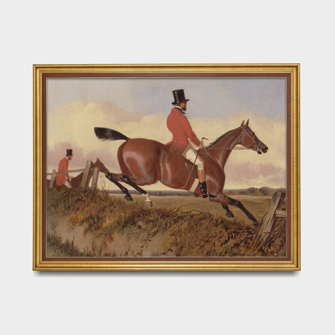 Vintage Fox Hunting Scene of a Rider in Red Jumping a Fence Poster - Image 2