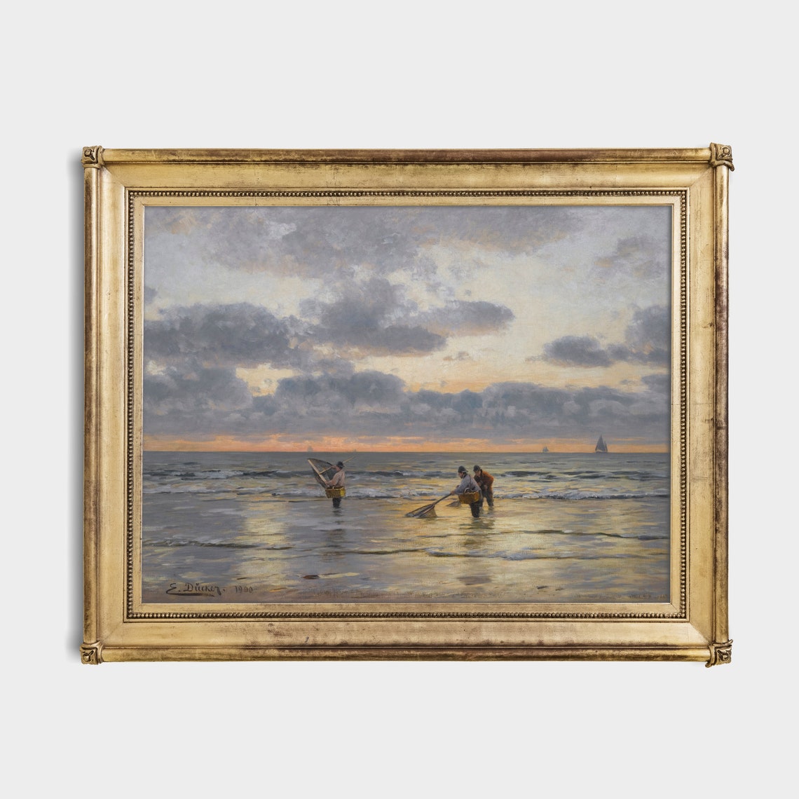 Fishermen Casting Nets at Sunset Vintage Coastal Painting Poster - Image 2