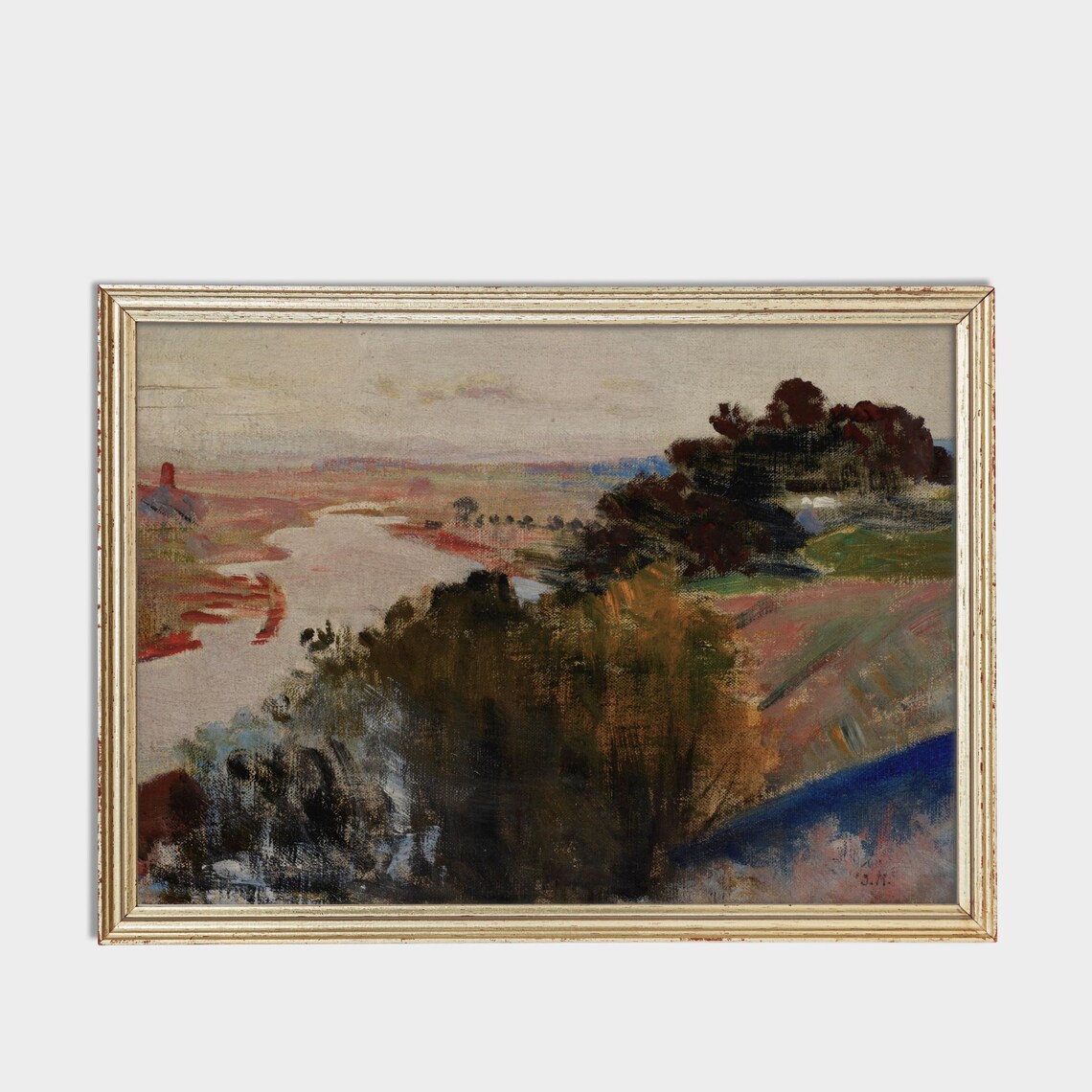 River at Dusk Impressionist Landscape Antique Oil Art Poster - Image 3