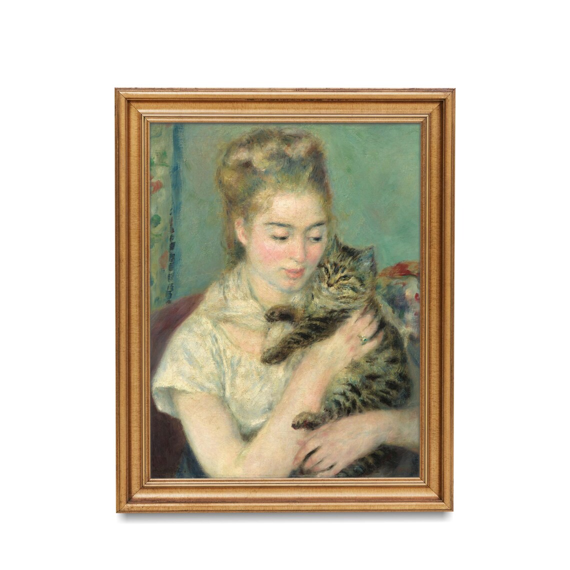 Young Woman Holding a Tabby Cat Impressionist Portrait Poster - Image 3