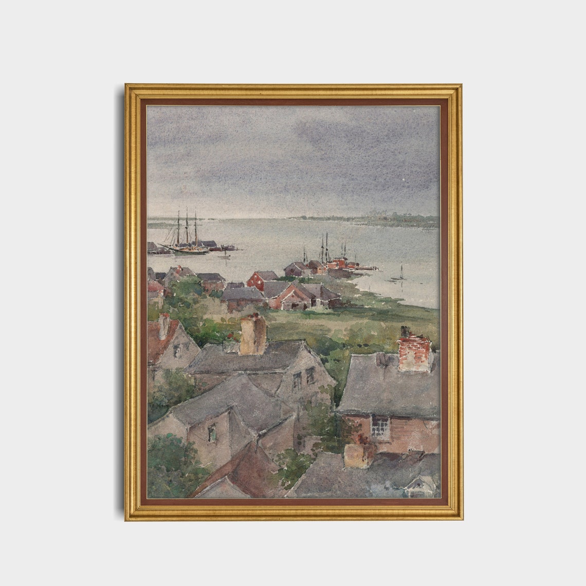 Coastal Village Rooftops and Sailboat Harbor Watercolor Art Poster - Image 4
