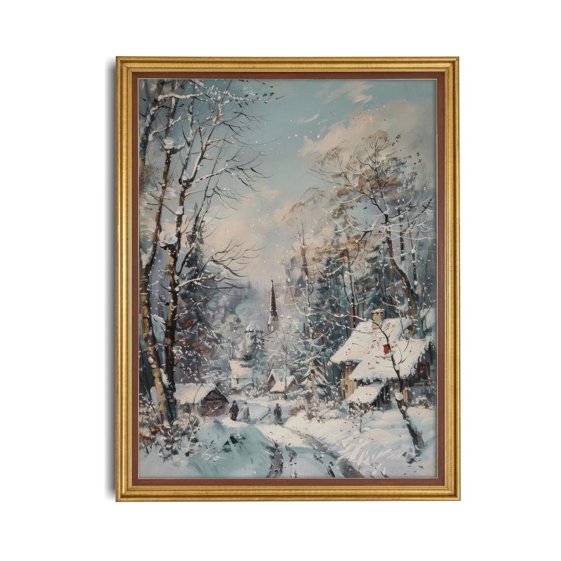 Snowy Village with Church Steeple Winter Scene Vintage Poster - Image 4