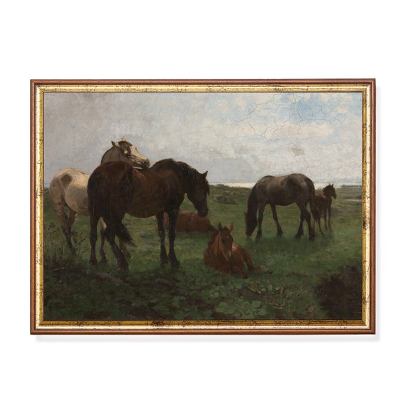 Mailed Print Vintage Horses Painting Antique Equestrian Print Moody Rustic Animal Print Farmhouse Decor Printed And Shipped