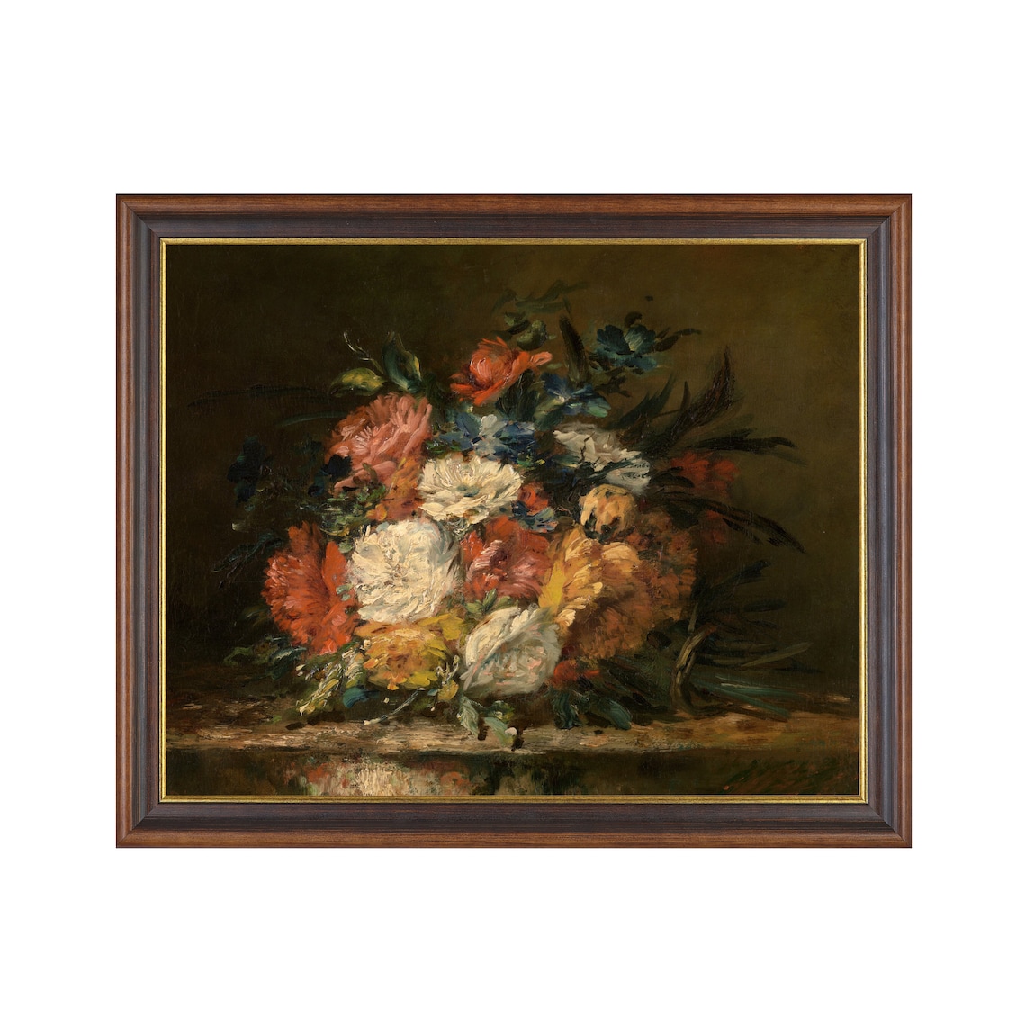 Moody Bouquet of Red and White Flowers on a Stone Ledge Wall Art