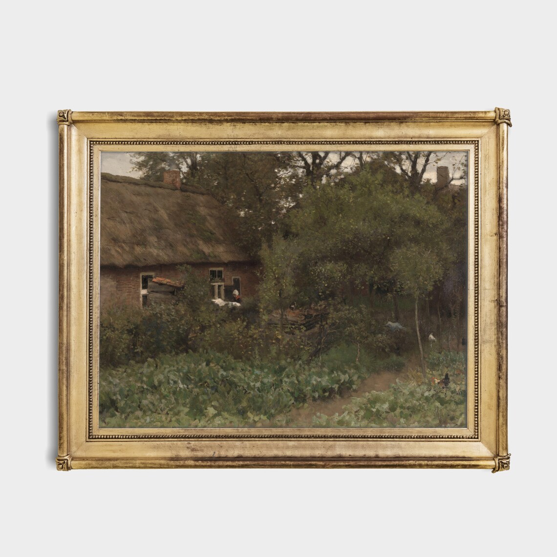 Thatched Cottage Garden Chickens Moody Country Landscape Vintage Print - Image 3