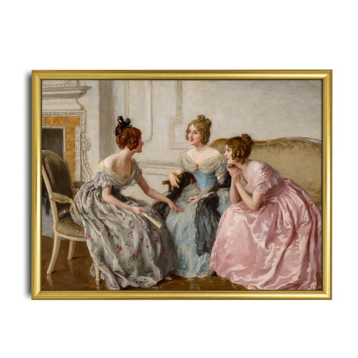 Three Elegant Women in Gowns Chatting in a Grand Parlor Antique Poster - Image 2