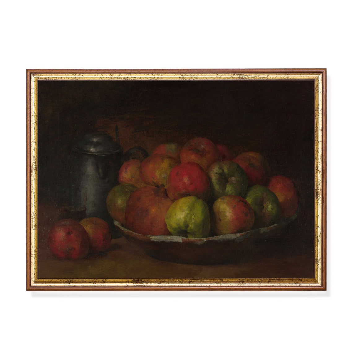 Moody Dark Vintage Still Life of Apples with a Pewter Jug Poster