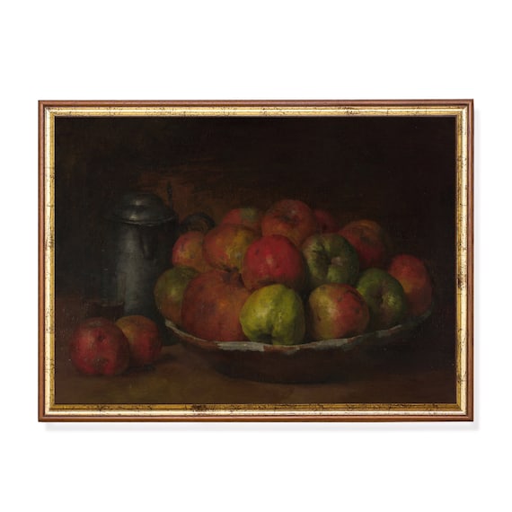 Printed And Shipped Vintage Still Life Painting Still Life With Apples And Pomegranate Antique Fruits Print Moody Rustic Art