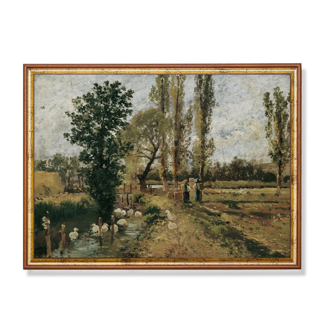 Ducks on Pond Washerwomen Poplar Trees Rustic French Farm Scene Poster