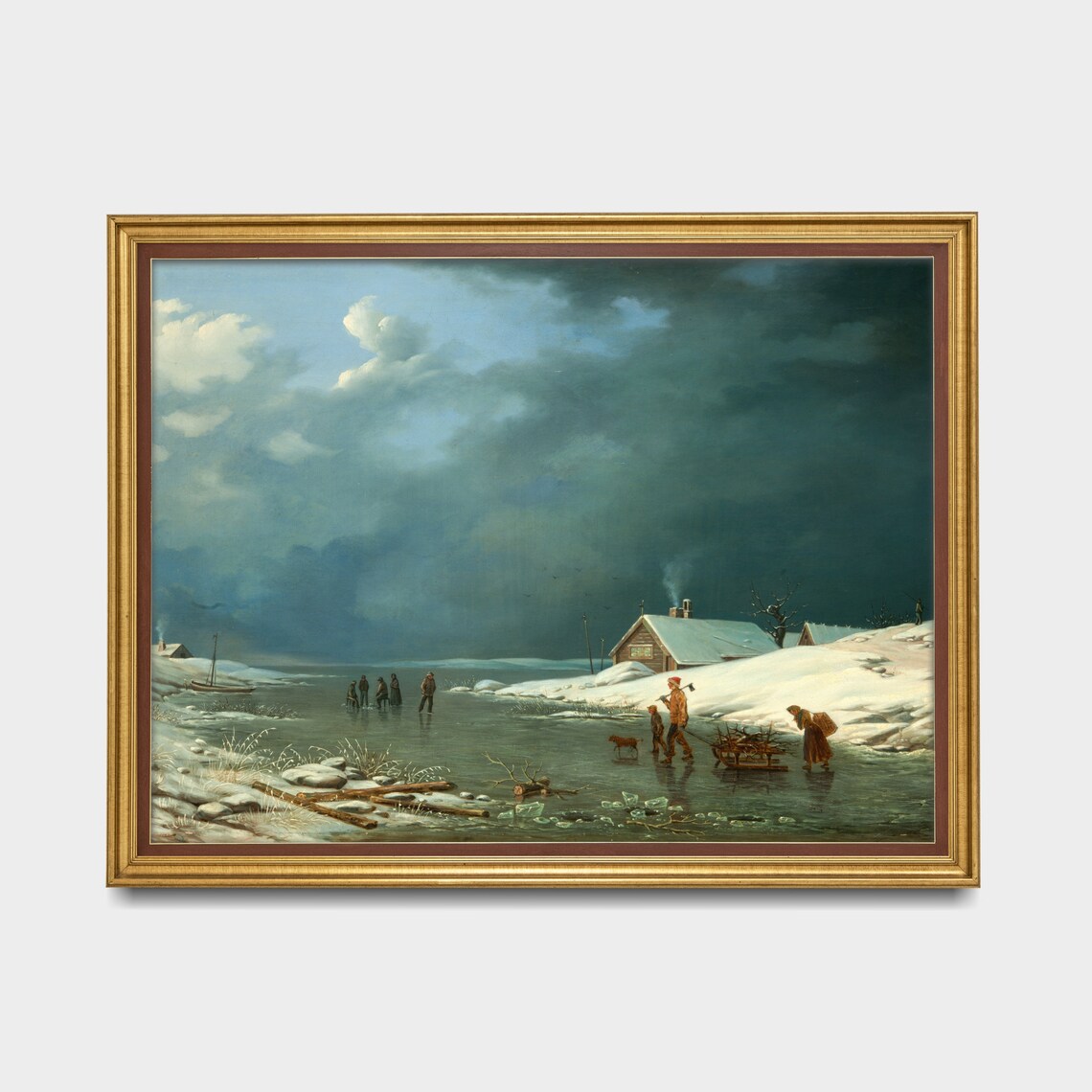 Frozen Shore Winter Scene with Skaters and Woodcutters Poster - Image 3