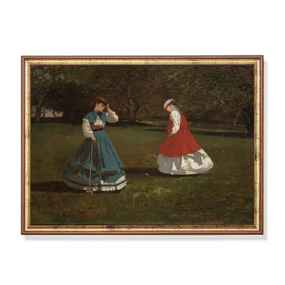 Printed And Shipped Vintage Portrait Painting Woman Playing A Game Of Croquet Antique Art Print Moody Rustic Art Female Portrait