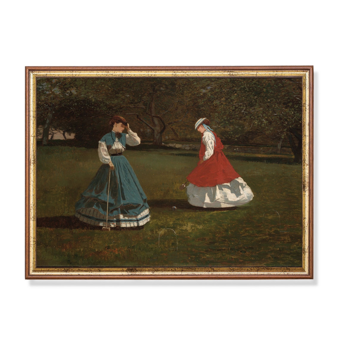 Printed And Shipped Vintage Portrait Painting Woman Playing A Game Of Croquet Antique Art Print Moody Rustic Art Female Portrait