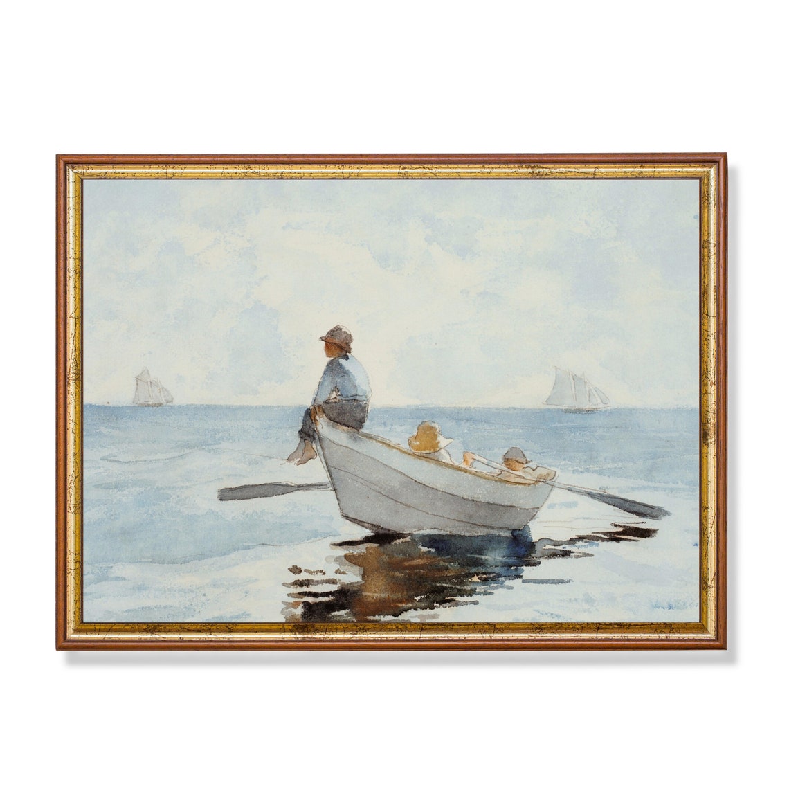 Three Boys in a Rowboat on Calm Blue Water Watercolor Poster