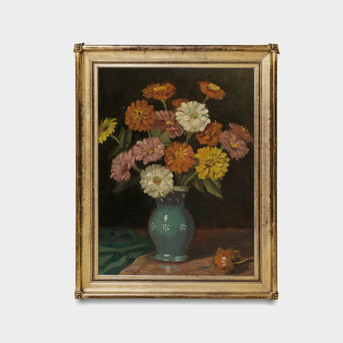 Autumn Zinnia Bouquet in a Blue Green Vase Still Life Poster - Image 3