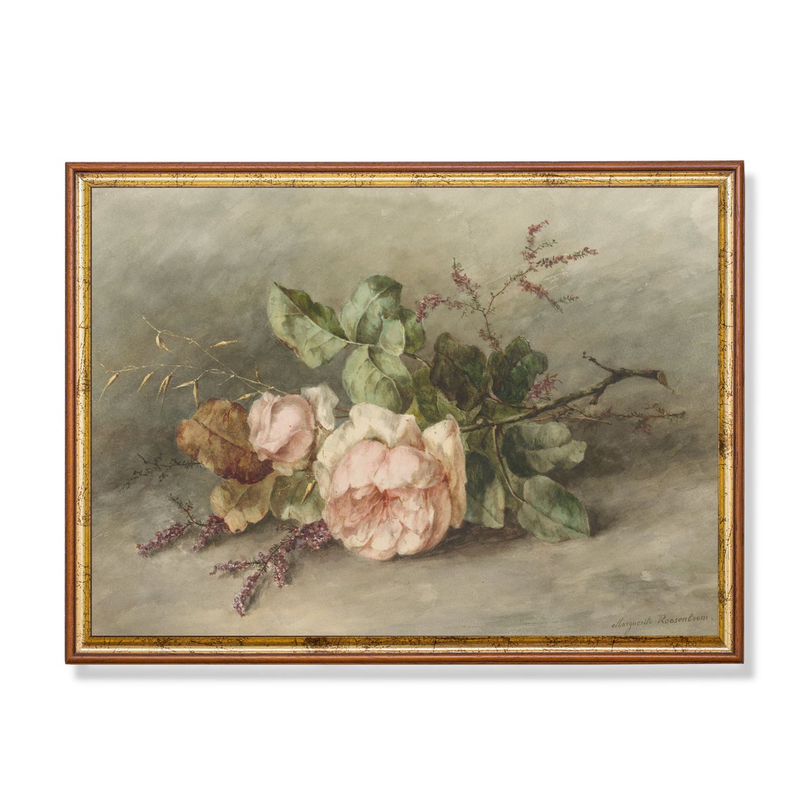 Pink Roses on a Table Signed Marguerite Rosenboom Floral Poster