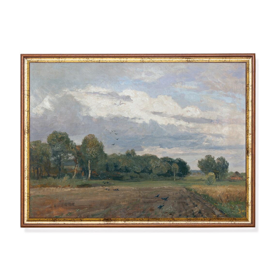 Vintage Plowed Field With Crows Under Dramatic Clouds Country Poster
