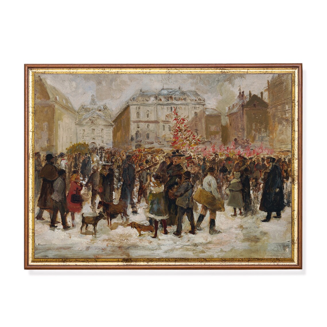 Christmas Market Crowd in a Snowy City Square Vintage Art Poster