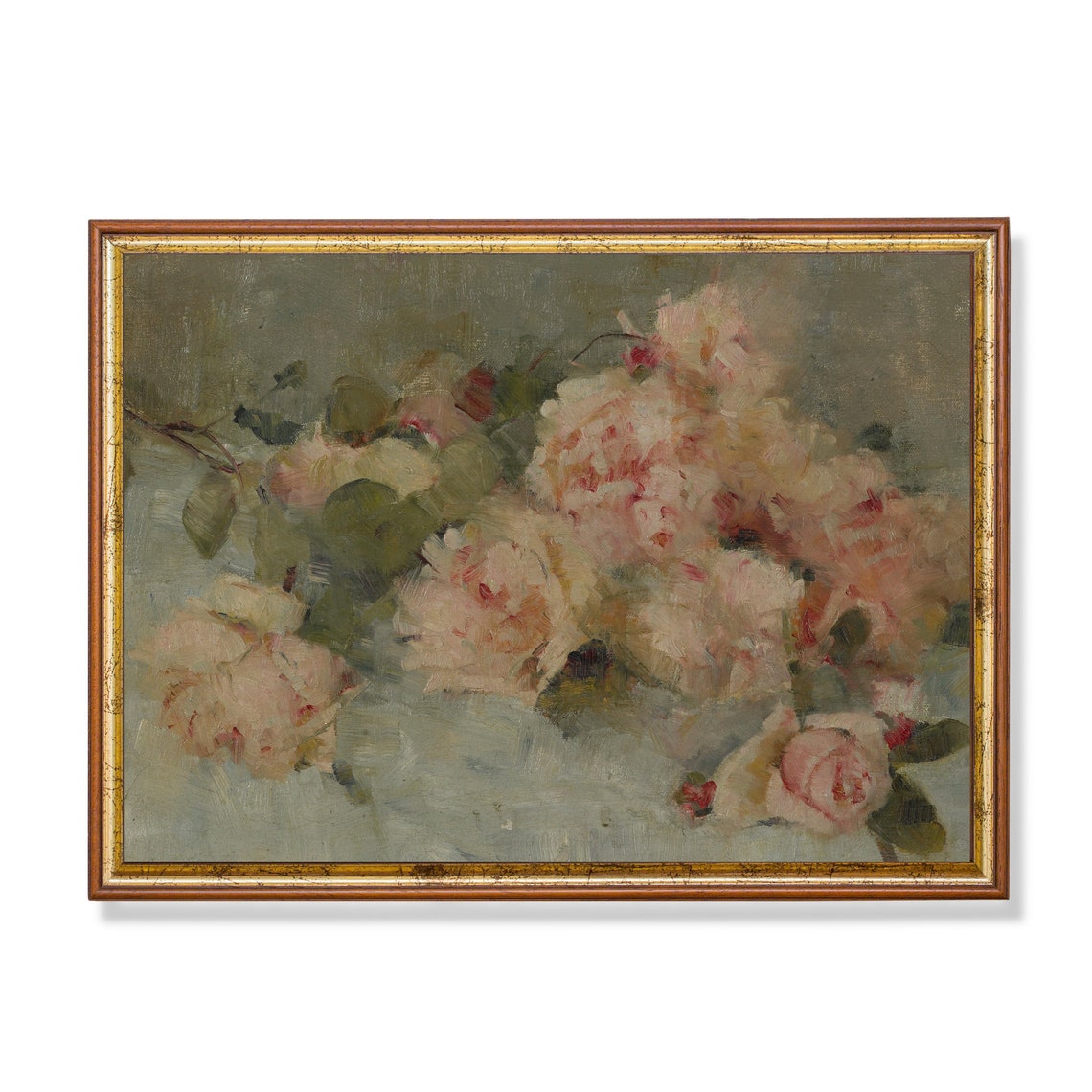 Vintage Roses Painting Still Life With Flowers Antique Floral Print Moody Rustic Painting Wall Art
