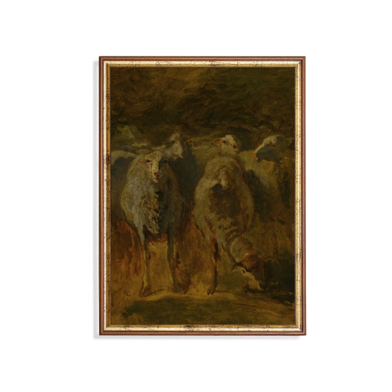 Vintage Sheep Painting Antique Animal Print Moody Rustic Artwork Wall Art Farmhouse Decor Fine Art