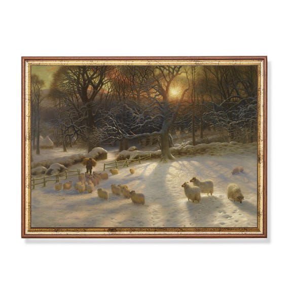 Sheep In Winter Landscape, Vintage Christmas Art Print