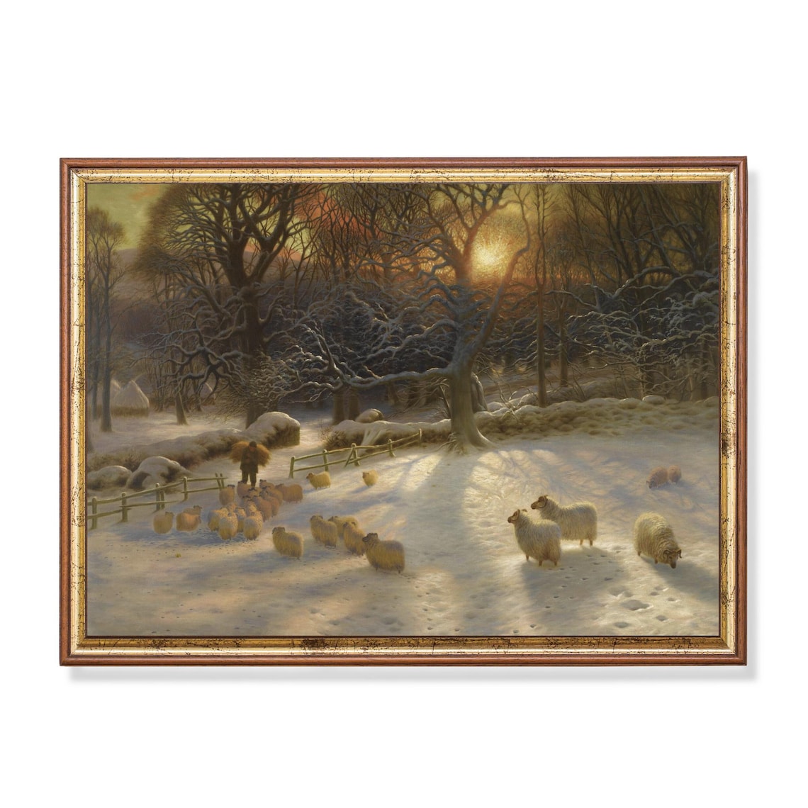 Sheep In Winter Landscape, Vintage Christmas Art Print